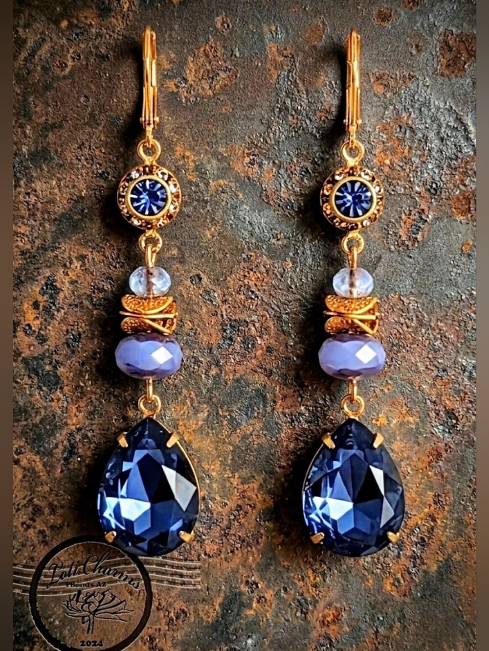 Swarovski Elements Tanzanite Crystal & Flower In Beaded Drop Down Earrings